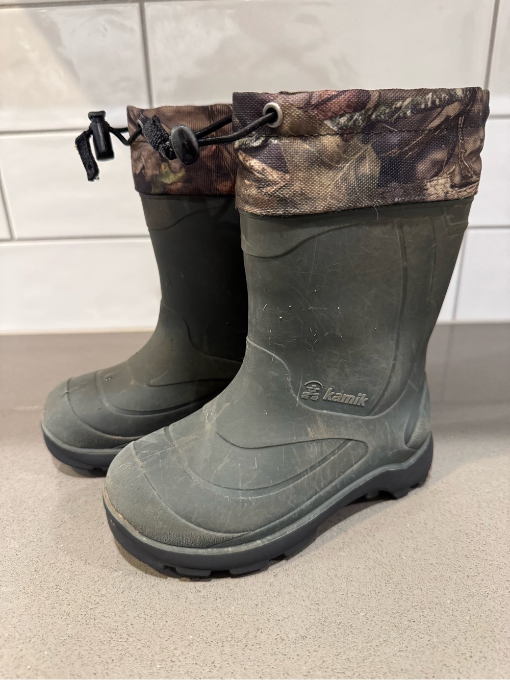 Kamik Kids Olive Green Camo-Trim Waterproof Rain Boots